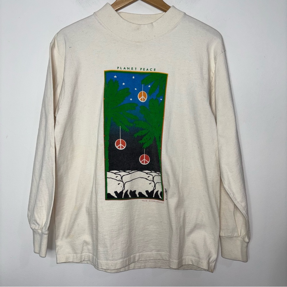 Anvil Cream Long Sleeve Tee with Green/Blue Peace Graphic